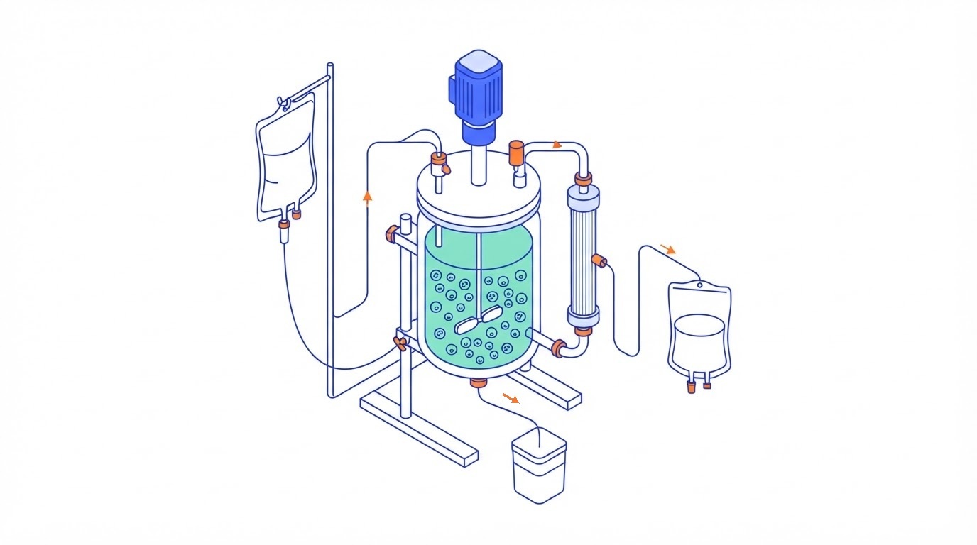 Illustration of a perfusion bioreactor with a hollow-fibre filter, medium bag, harvest bag and bleed line