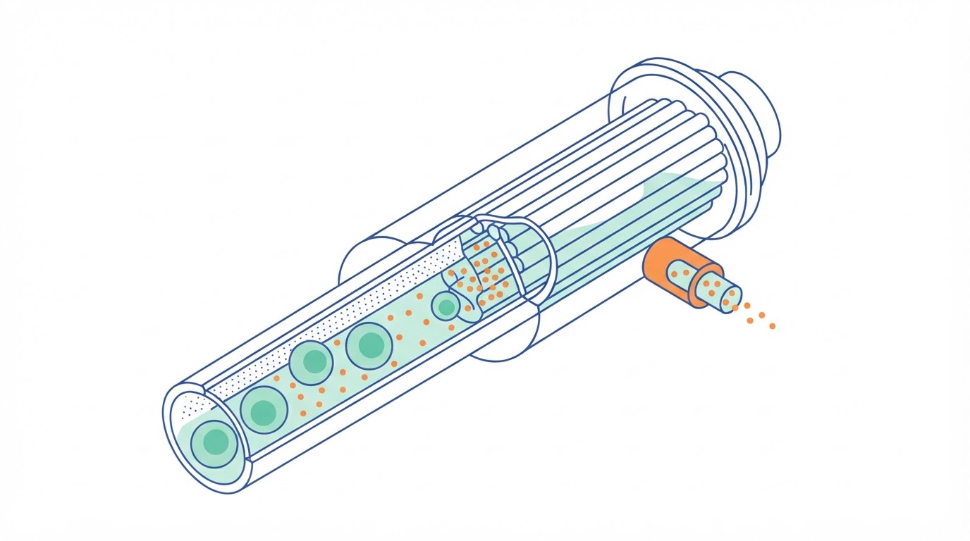 Illustration of a cut-open hollow fibre: cells stay inside, most antibody passes the wall, part is held back