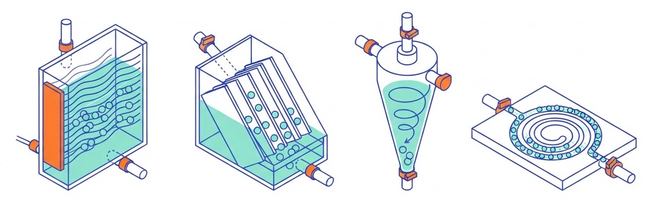 Illustration of four membrane-free cell retention devices: acoustic settler, inclined settler, hydrocyclone and spiral channel