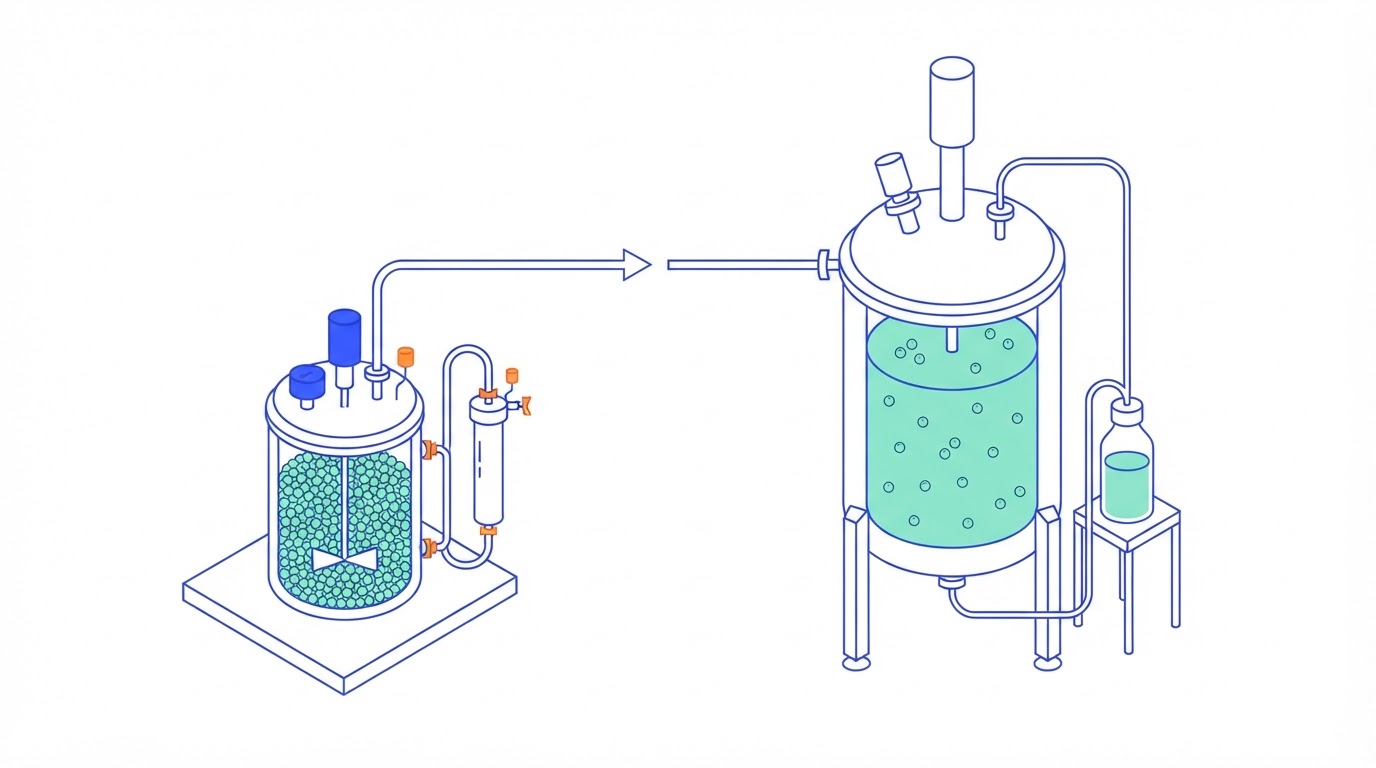 Illustration of a small dense perfusion seed bioreactor transferring cells into a larger fed-batch production bioreactor