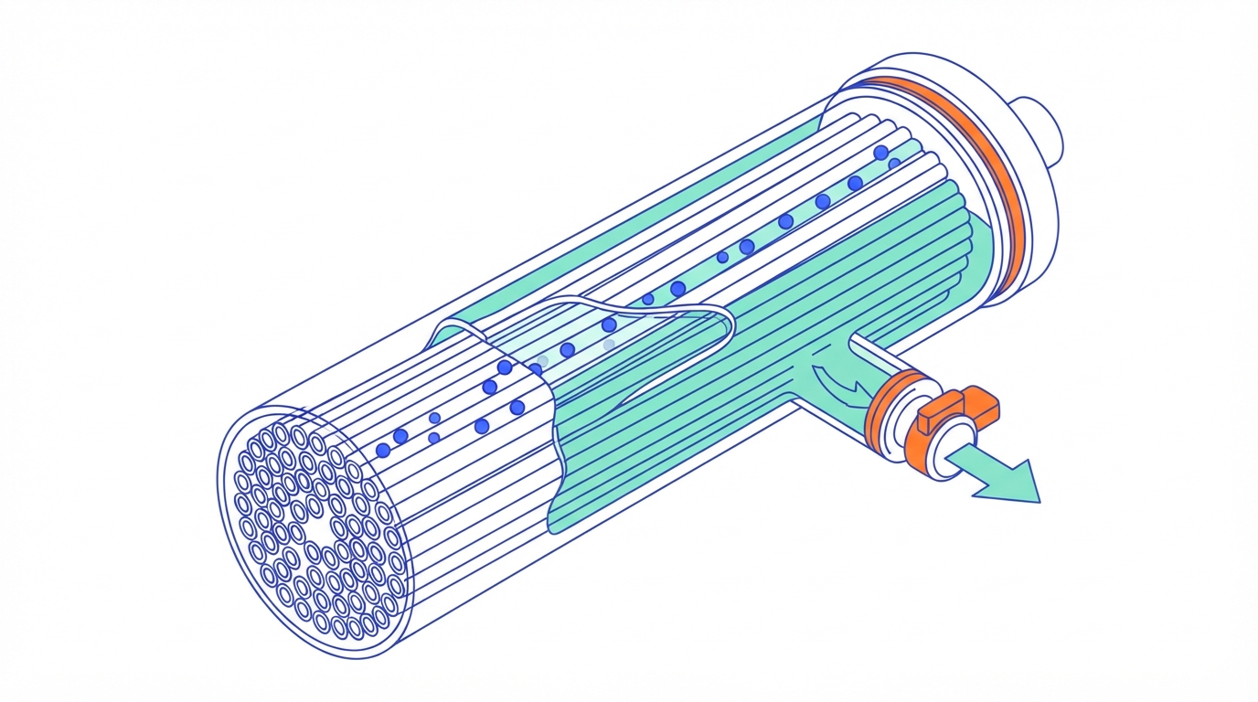Illustration of a cut-away hollow fibre filter cartridge: a bundle of thin tubes with cells flowing inside them and clear liquid leaving through a side port