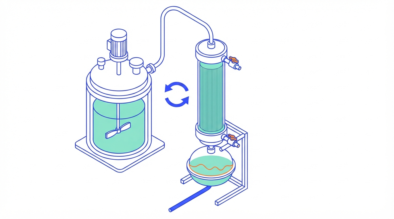 Illustration of a bioreactor connected by one tube to a hollow fibre cartridge that sits on a diaphragm pump