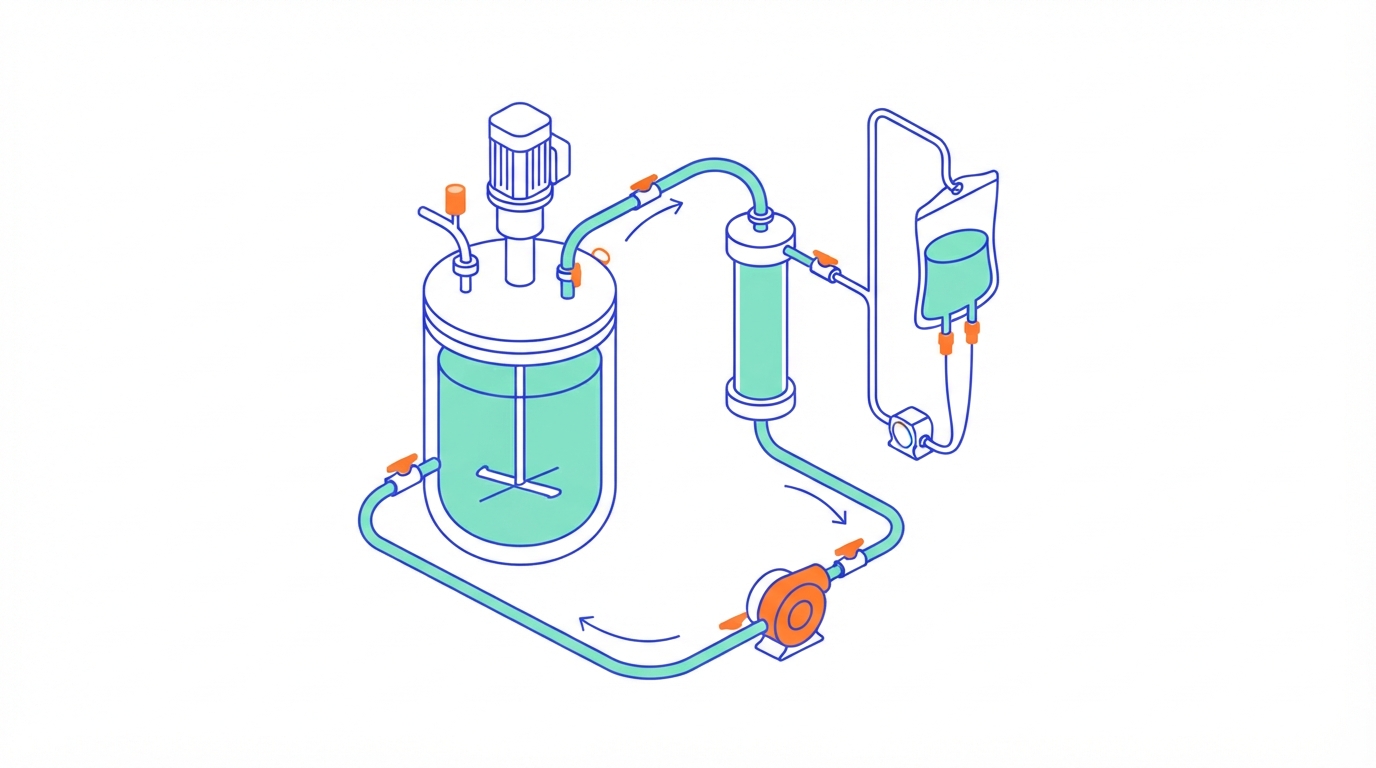 Illustration of a bioreactor with a recirculation loop: a pump, a hollow fibre cartridge and a side line to a harvest bag