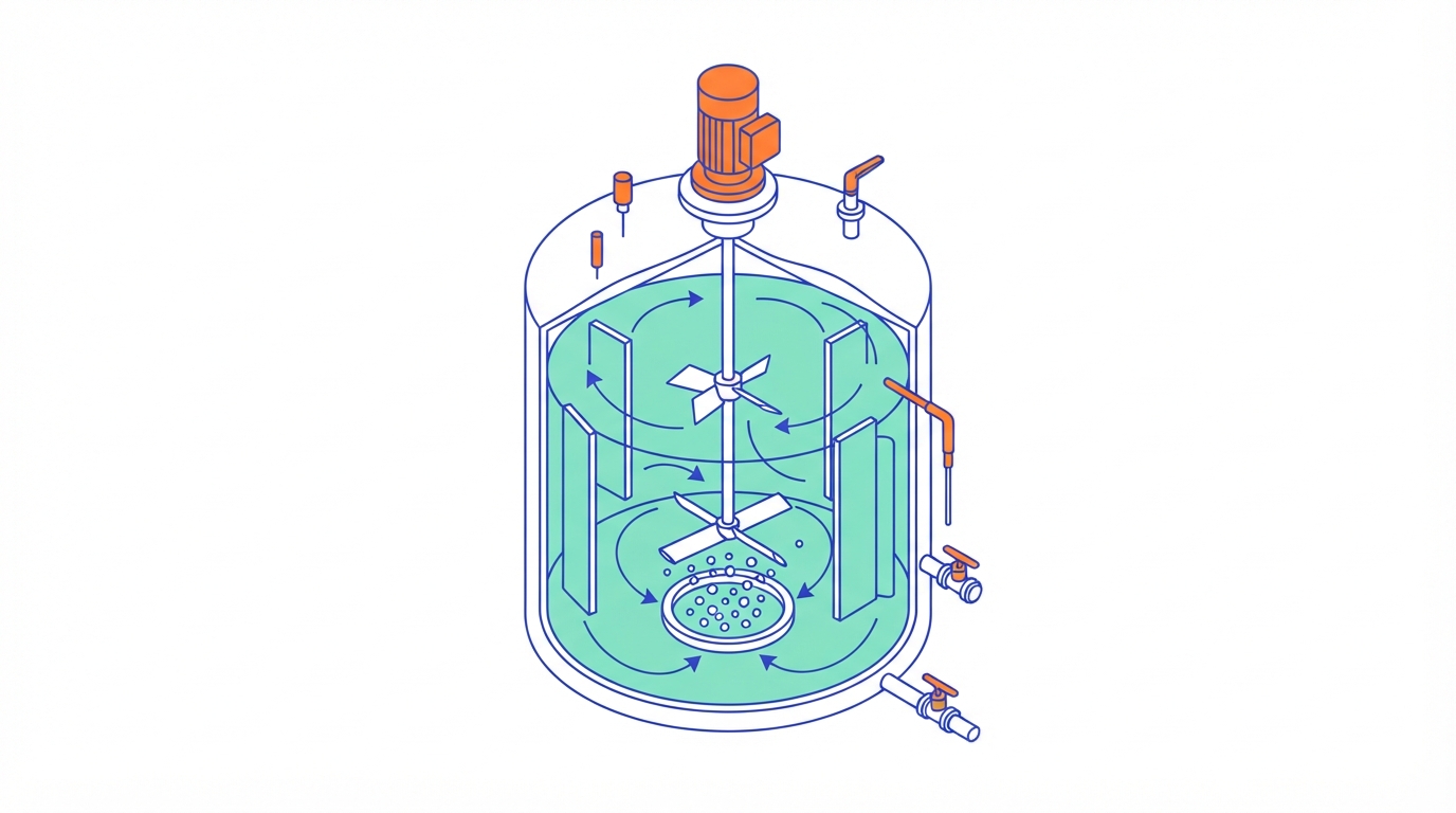Illustration of a cut-away stirred tank with two impellers on a central shaft, four baffles, a ring sparger releasing bubbles and curved arrows showing circulation loops