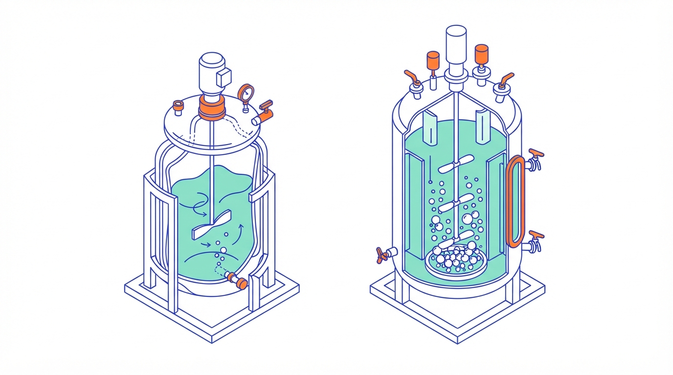 Illustration of a single-use bag bioreactor with a slow impeller and a few bubbles next to a stainless steel fermenter with three impellers and dense bubbles