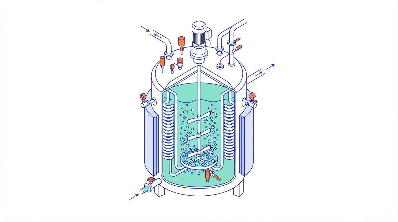 Illustration of a stainless steel fermenter with a cooling jacket around its lower wall, cooling coils inside next to the wall and dense bubbles around an agitator shaft