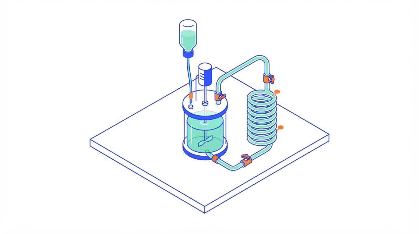 Illustration of a small bench stirred tank connected by tubing to a coiled tube loop, with a feed bottle dripping into the tank