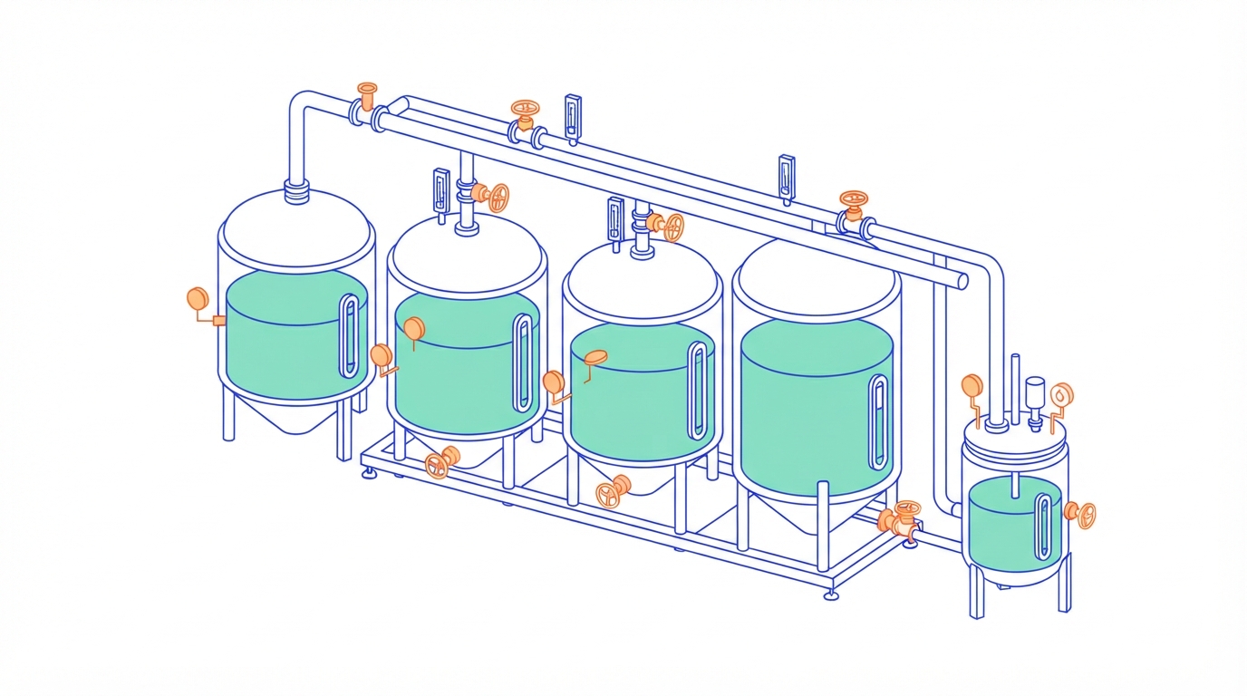 Illustration of four large media preparation tanks connected by a pipe manifold to one small bioreactor