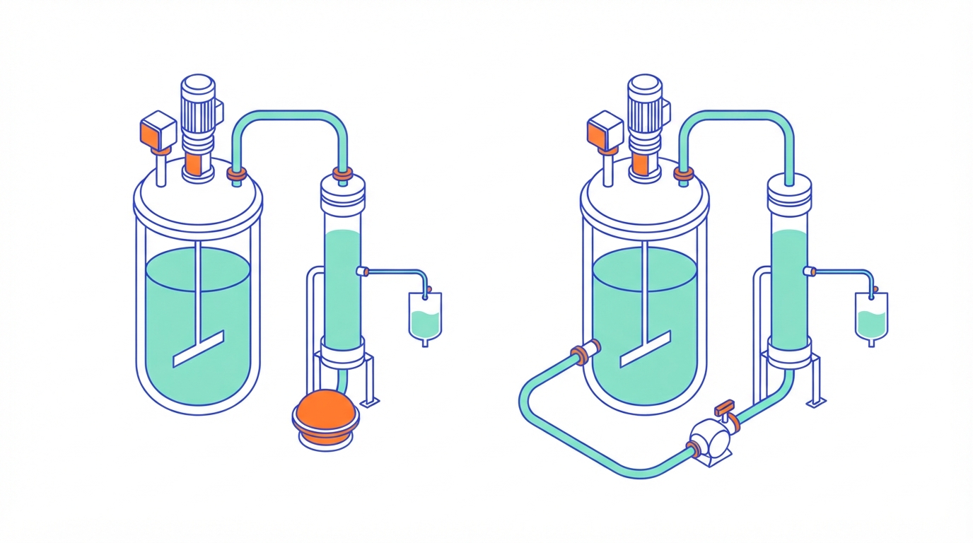 Illustration of two bioreactors, each with a hollow fibre filter cartridge: one with a diaphragm pump under the cartridge, the other with a pump in a recirculation loop