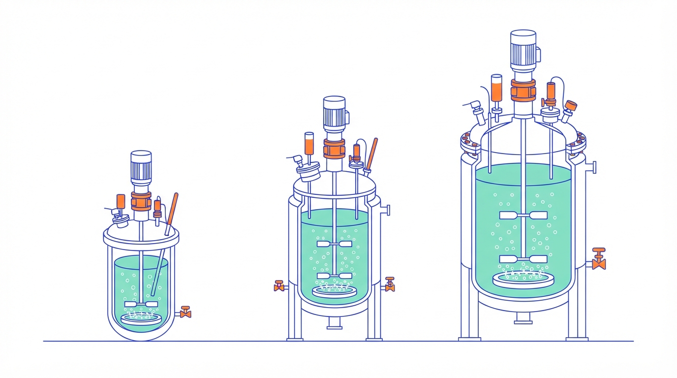 Illustration of three cut-away stirred tank bioreactors of growing size side by side, each with a central shaft, impellers and a ring sparger releasing bubbles