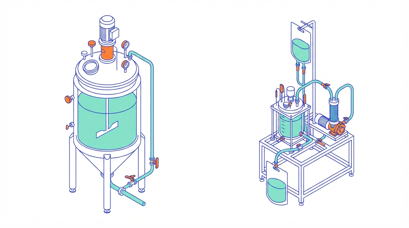 Illustration of a large stainless steel fed-batch bioreactor next to a small perfusion bioreactor with a hollow-fibre filter, a medium bag and a harvest bag