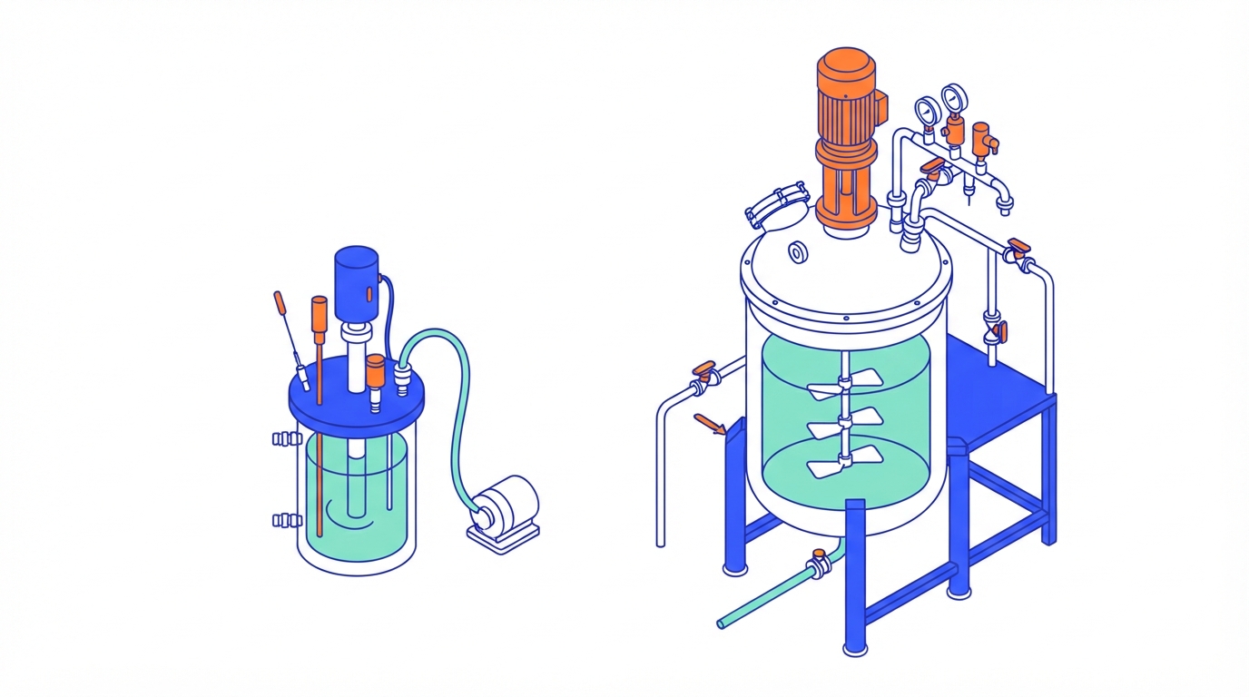 Illustration: Dynamic headspace pressure and CFD impeller redesign in K. phaffii fermentation, 5 L to 30 m3