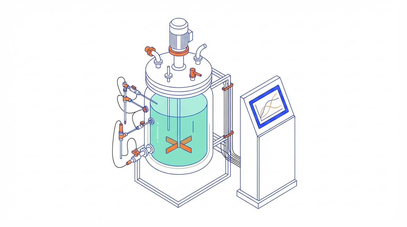 Illustration of a bioreactor vessel with several probes in its ports, cables running to an analyser cabinet and a control screen without text