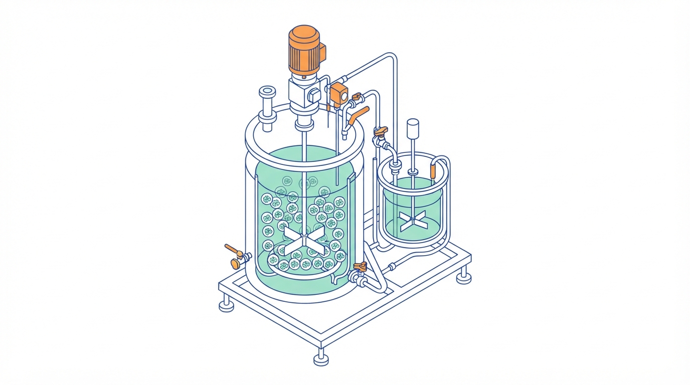 Illustration of a stirred bioreactor with alginate beads holding cell clusters, next to a small mixing vessel