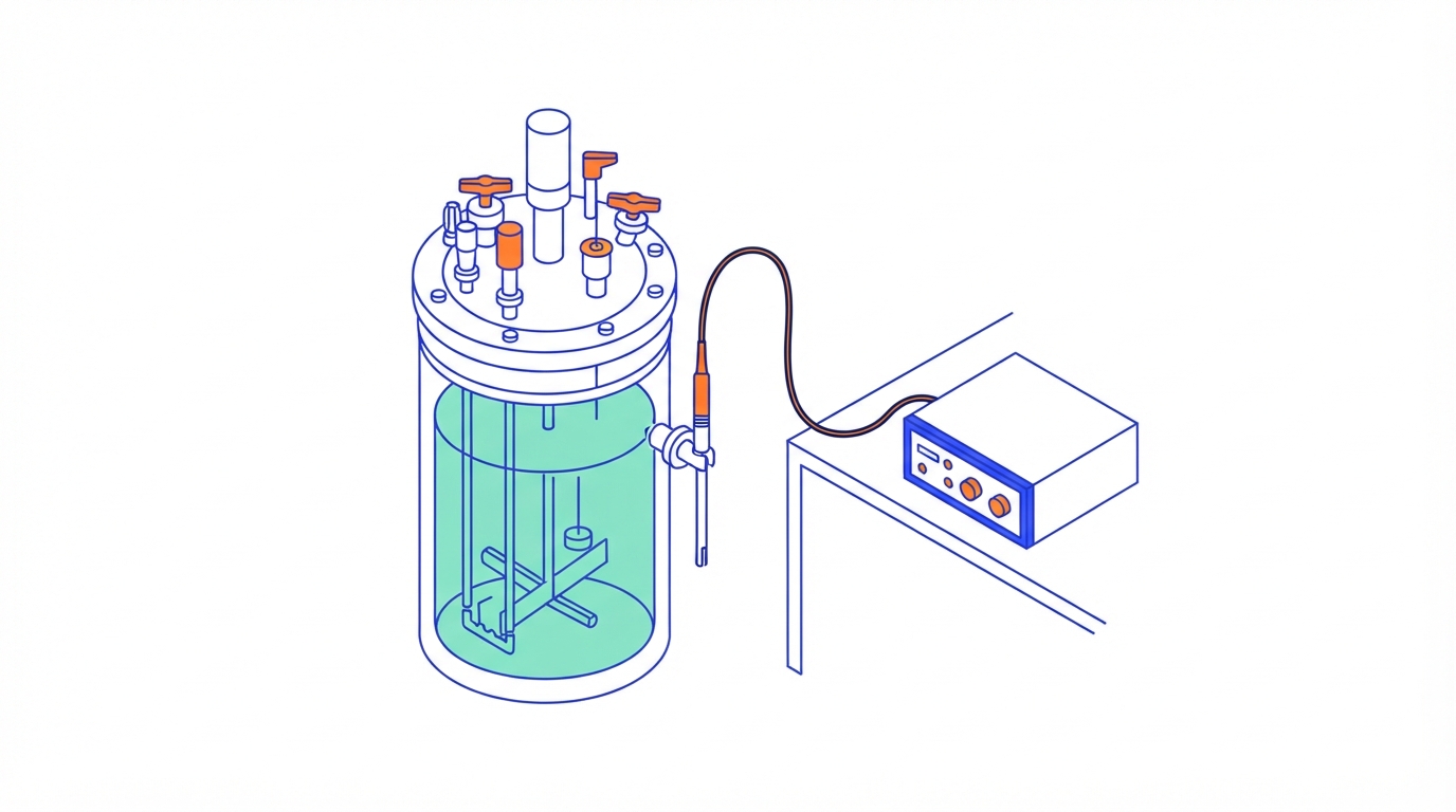 Illustration of a bioreactor with a probe in its side port and a fibre optic cable running to an analyser unit
