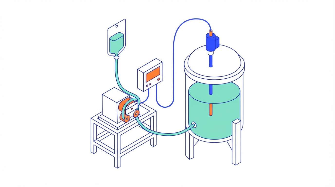 Illustration of a bioreactor with a probe, a controller and a pump that adds feed from a bag into the vessel