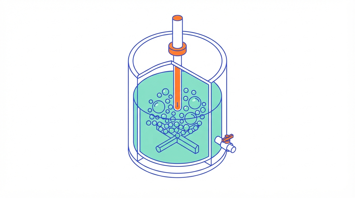 Illustration of a cut-away bioreactor vessel with a probe dipping into the culture among round cells, a few of them larger than the rest